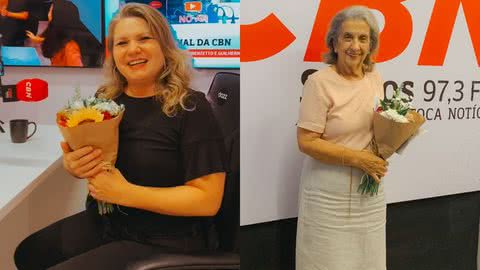 Vanessa Faro e Dona Maria Ignes Barbosa foram homenageadas com flores - Imagem: Rádio CBN Santos