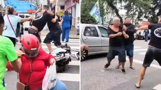 As imagens mostram um homem e uma mulher se levantando após uma queda de motocicleta - Imagem: Reprodução/Redes Sociais