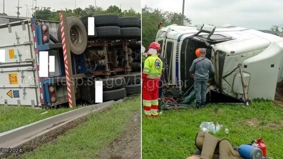 Motorista tomba e acaba preso nas ferragens de carreta em rodovia do litoral de SP - Imagem: Divulgação/ Artesp