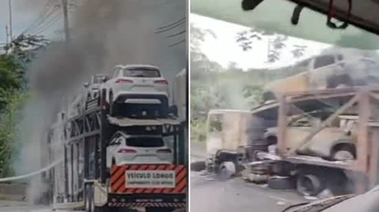 Caminhão e mais quatro carros foram incendiados. Não houve vítimas - Imagem: Reprodução/ g1 Santos