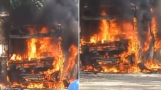 Vídeo desesperador mostra ônibus escolar pegando fogo no interior de São Paulo - Imagem: Reprodução/ Redes Sociais