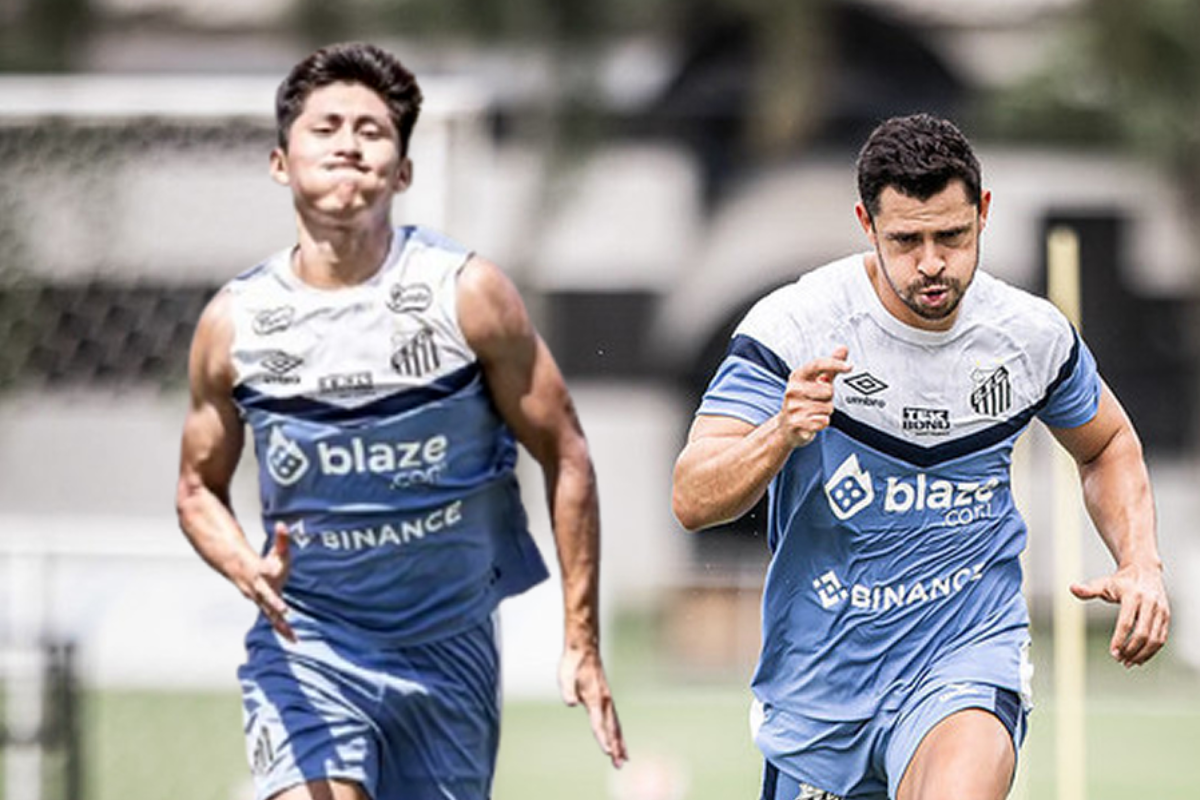 Miguelito e Giuliano em treinamento do Santos no CT Rei Pelé - Imagem: Raul Baretta/ Santos FC